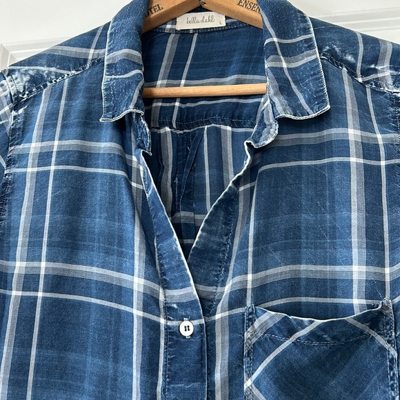 Anthro's Bella Dahl Acid Washed Distressed Indigo Tencel Blouse Lg MEASUREMENTS - Picture 2 of 13